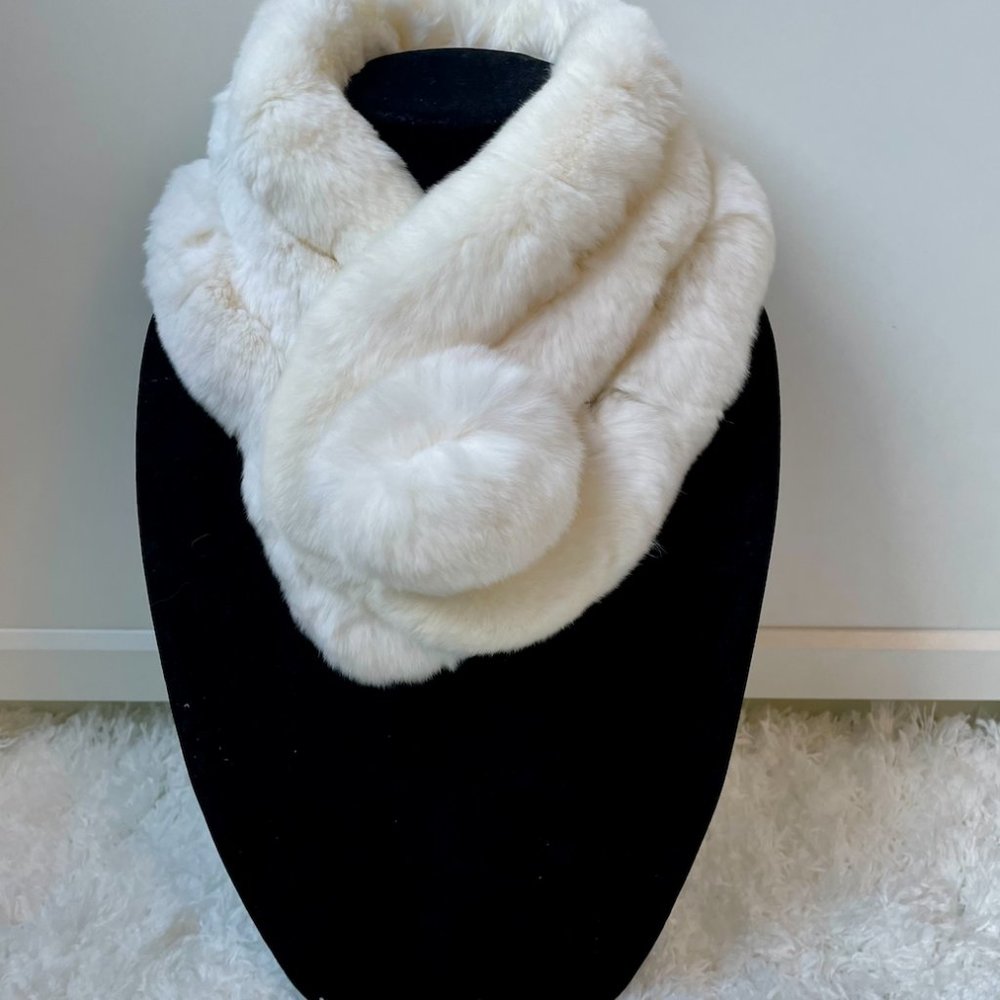 Vincent Pradier Genuine Rabbit Rex Fur Scarf with Pom Pom